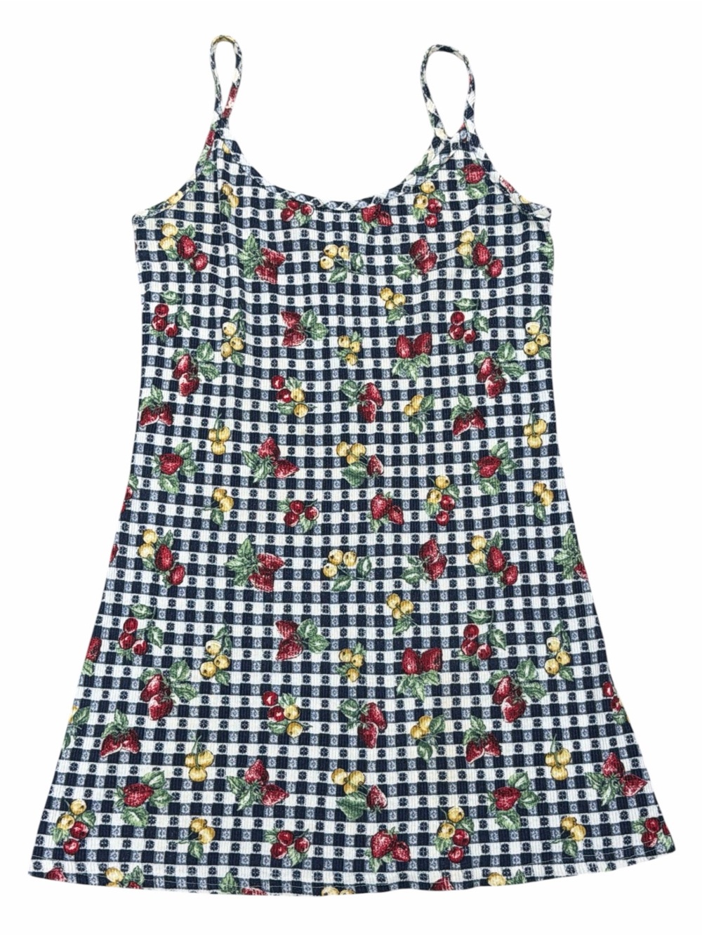Tickets Vintage Gingham Cherry and Floral Print Spaghetti Strap Dress